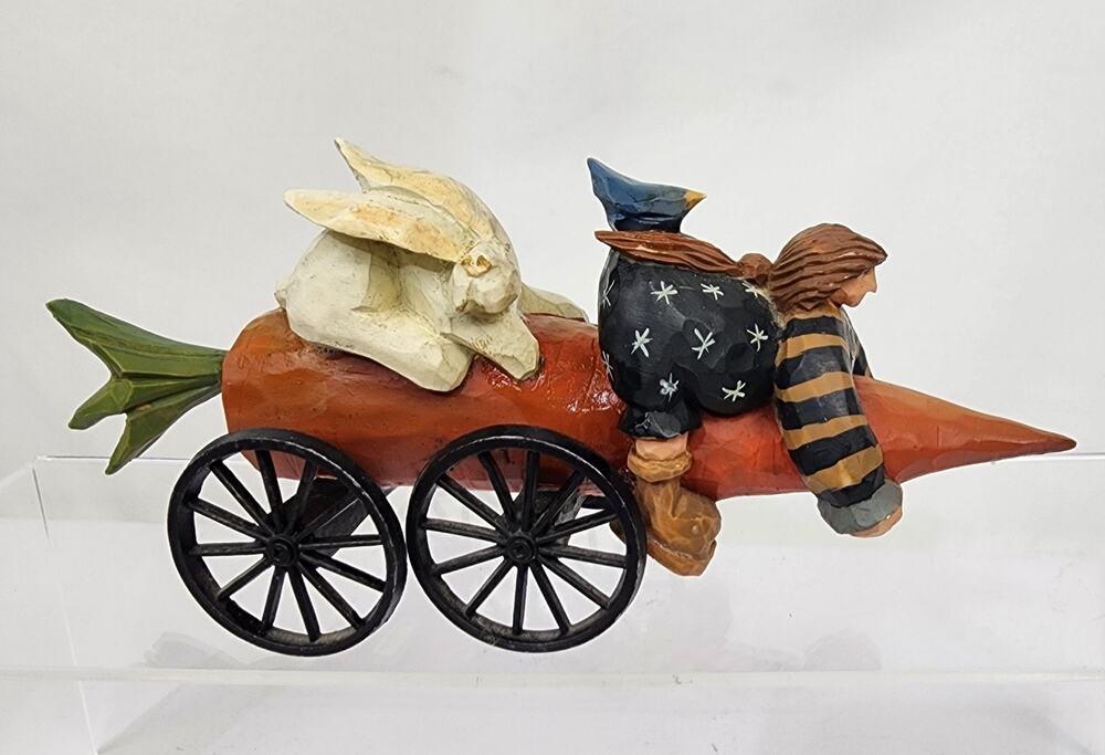 1996 Williraye Studio Girl & Rabbit on Riding Carrot Wagon Figurine WW1432